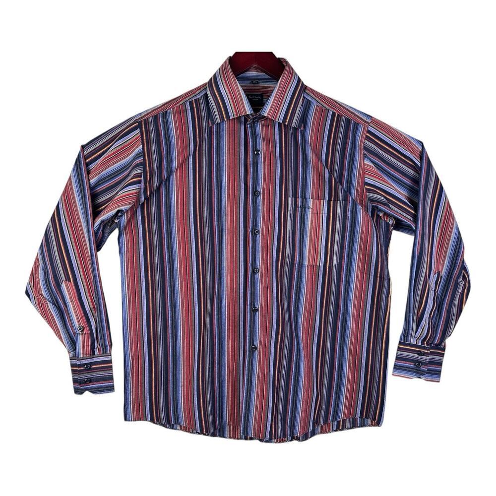 Paul Smith Shirt Mens 16.5 Blue Multi Cotton Striped Long Sleeve Made Italy